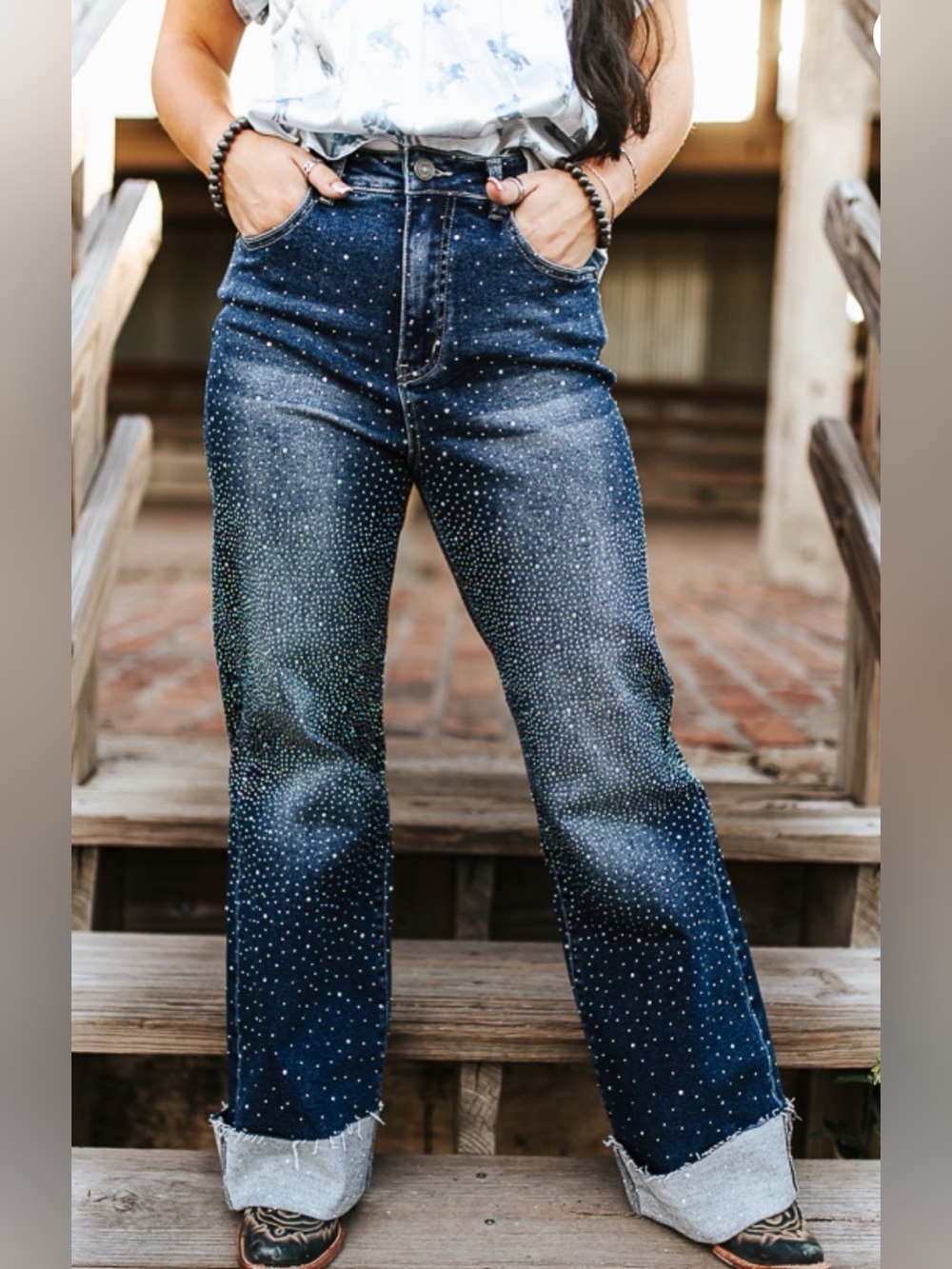 Lucky & Blessed Rhinestone Embellished Dark Blue Flare Jeans - Women's - Picture 2 of 4